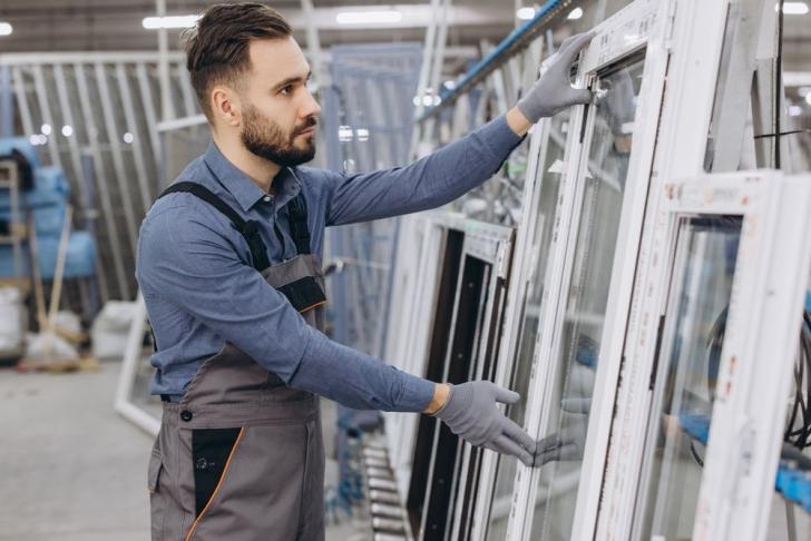 Ein Fensterbauer holt sich ein Fenster von einer Palette